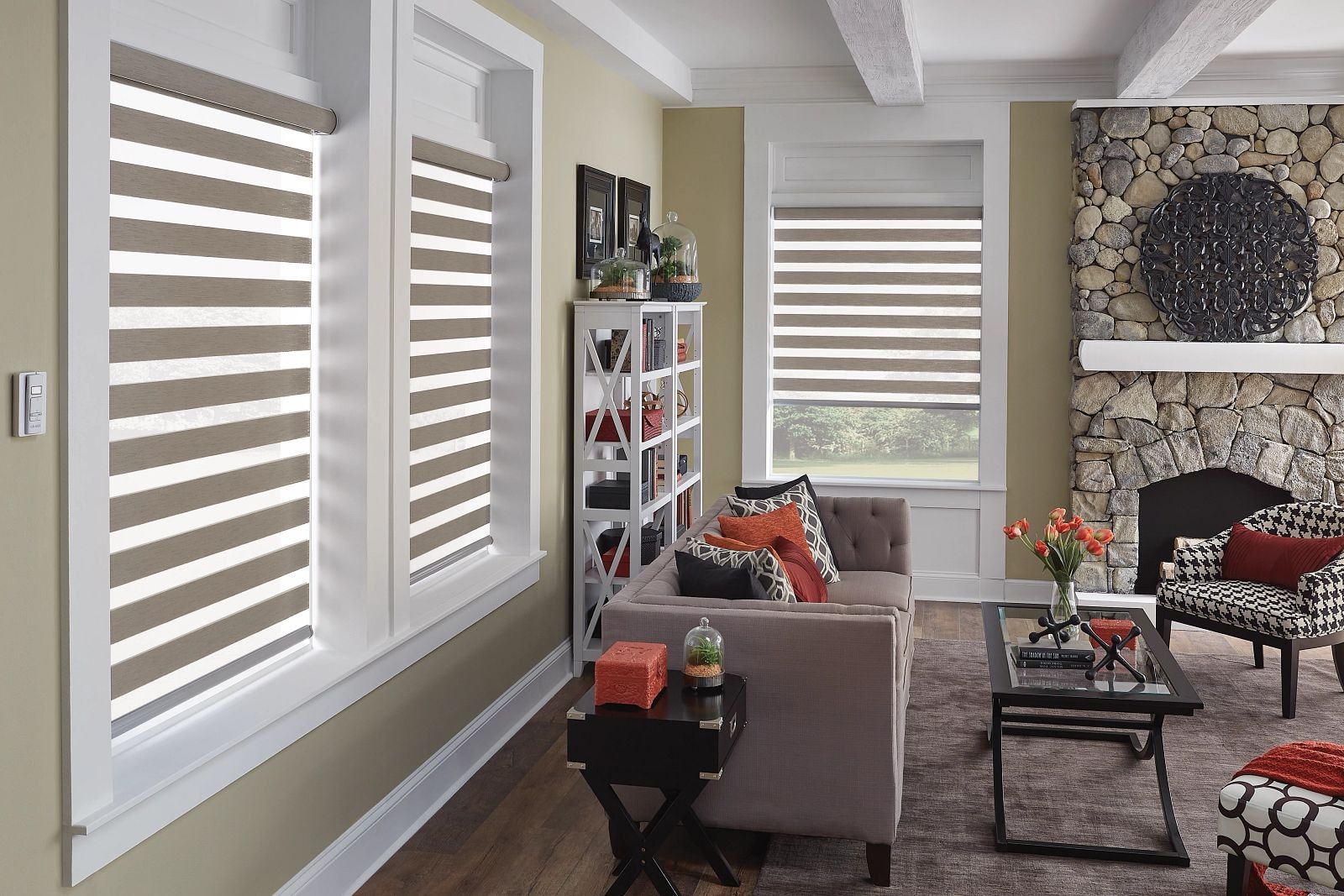 Layered shades in a modern dining room