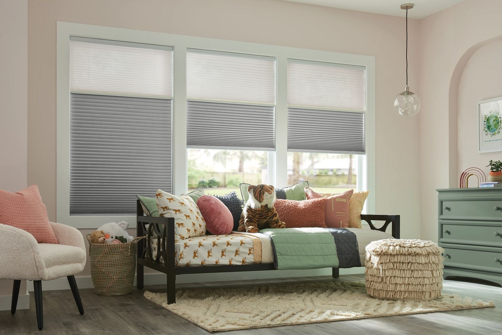 Pleated shades in a living room