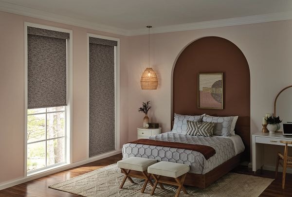 Roller shades in a modern minimal bedroom